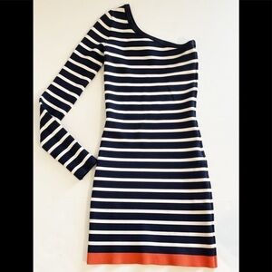 BCBG MAXAZRIA Navy Striped One Shoulder Long Sleeve Bodycon Dress Sz XS